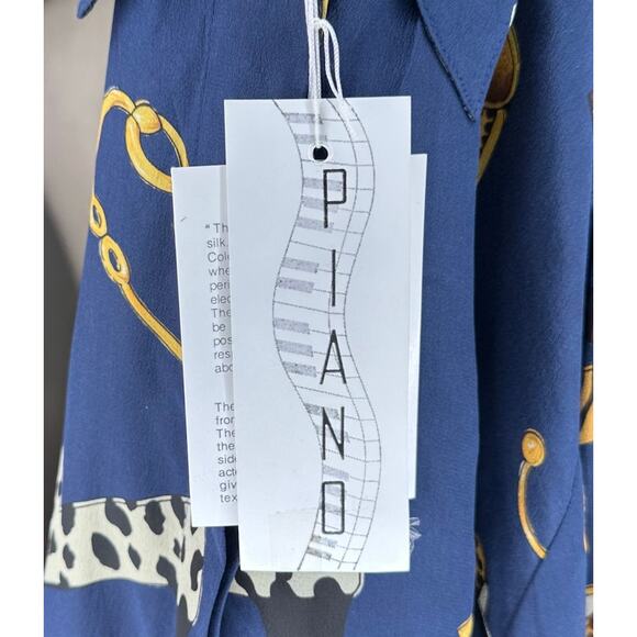 PIANO Vintage Blue Silk Patterned Long Sleeve Blouse Buckle Purse Fashion Small - Picture 4 of 6